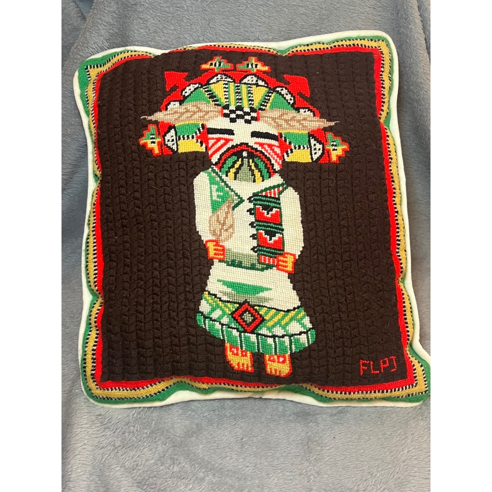 Vintage Handmade Needlepoint Kachina Dancer Pillow Southwestern Folk Art Signed